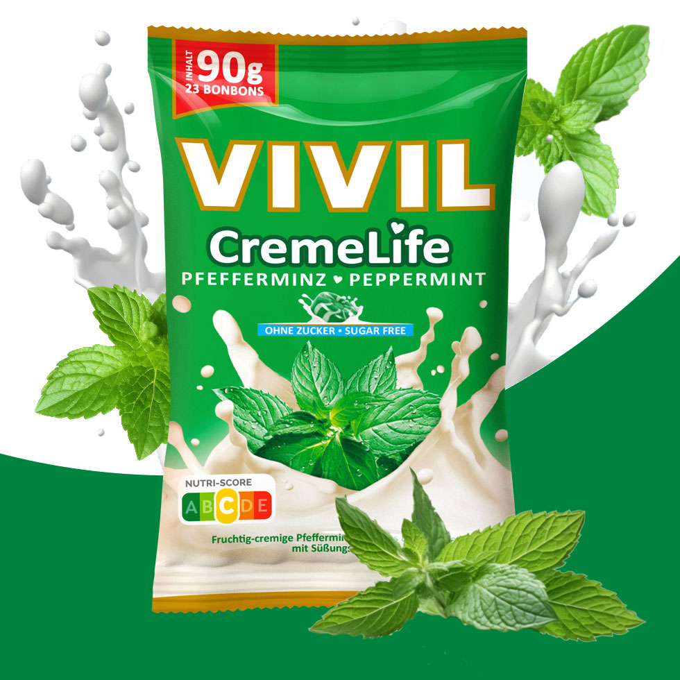 VIVIL Creme Life Pfefferminz Bonbonverpackung mit Zutaten
