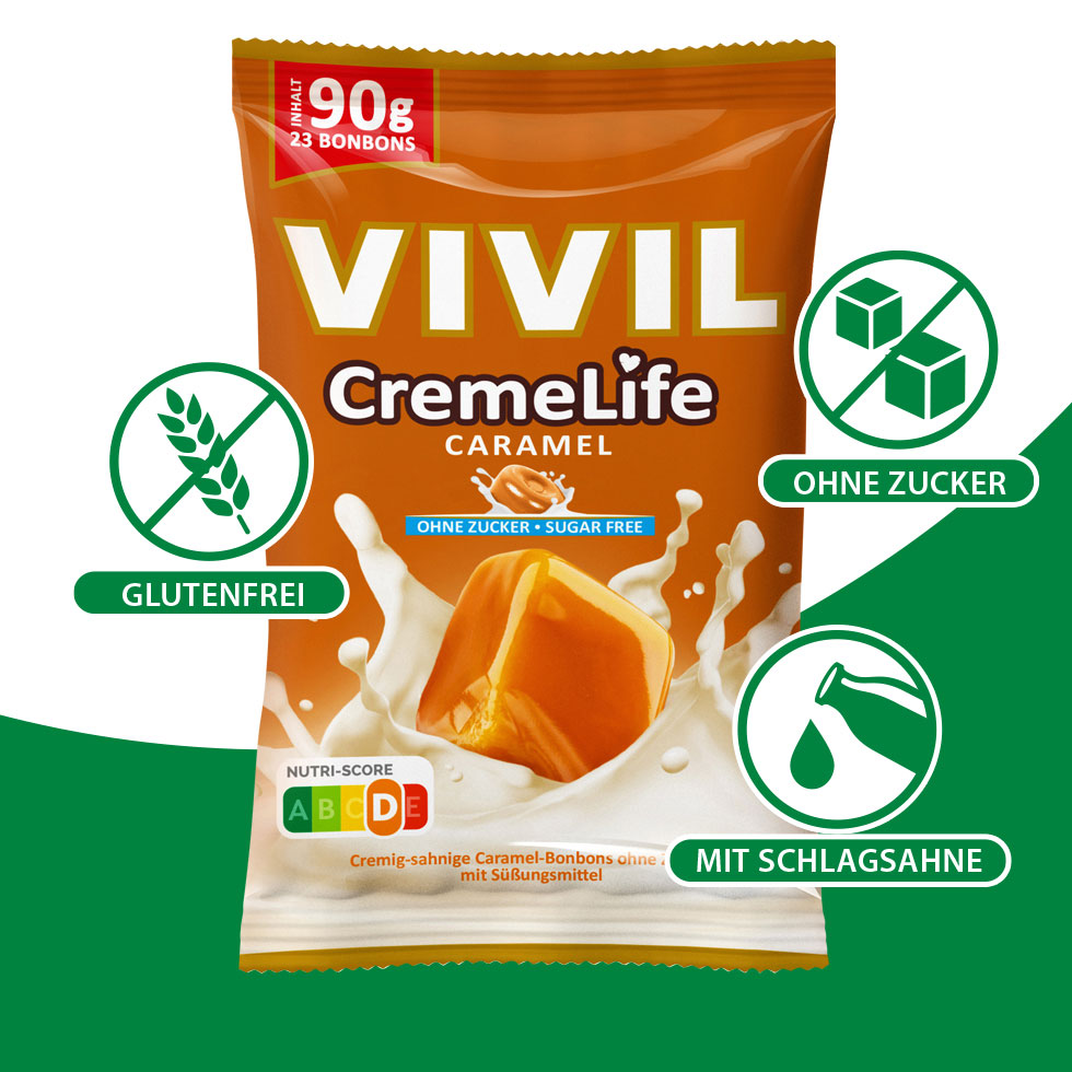 VIVIL Creme Life Caramel Bonbonverpackung mit Benefiticons