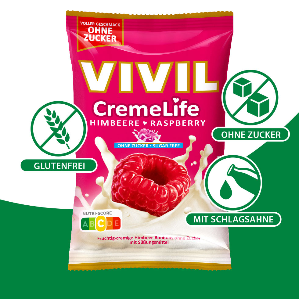 VIVIL Creme Life Himbeere Bonbonverpackung mit benefits
