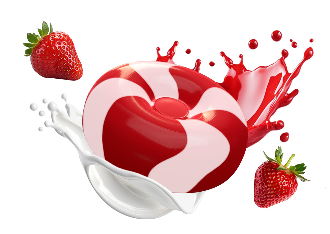 rot-weiß gestreiftes, rundes Sahnebonbon mit Erdbeeren und Milchsplash