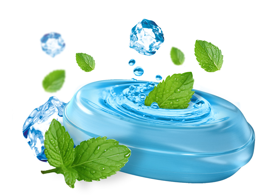 blaues Bonbon mit pfefferminzblätter