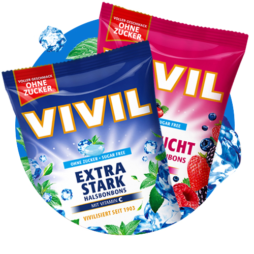 VIVIL Erfrischungsbonbons Verpackungen auf blauem Hintergund