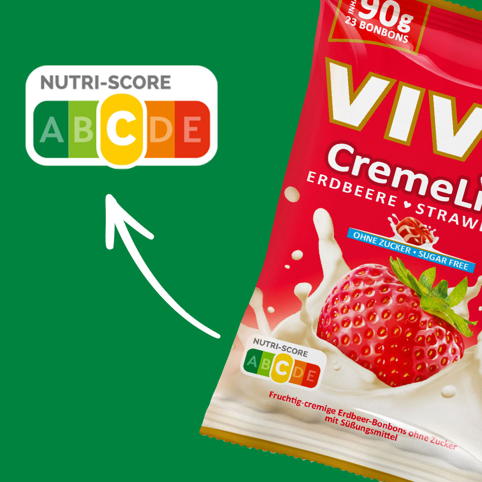 VIVIL Creme Life Erdbeere Bonbonverpackung mit Nutriscoreangabe