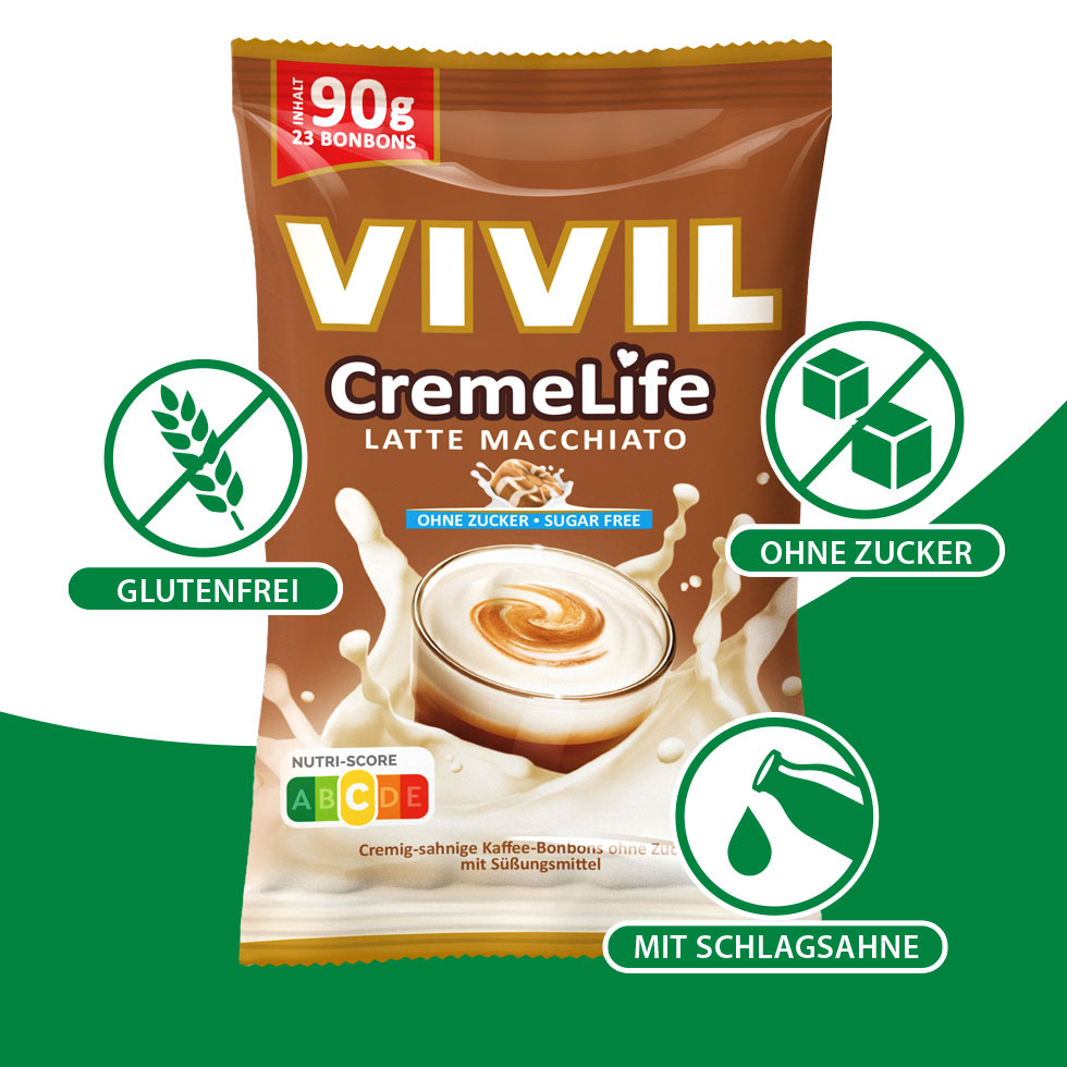 VIVIL Creme Life Latte Macchiato Bonbonverpackung mit Benefits