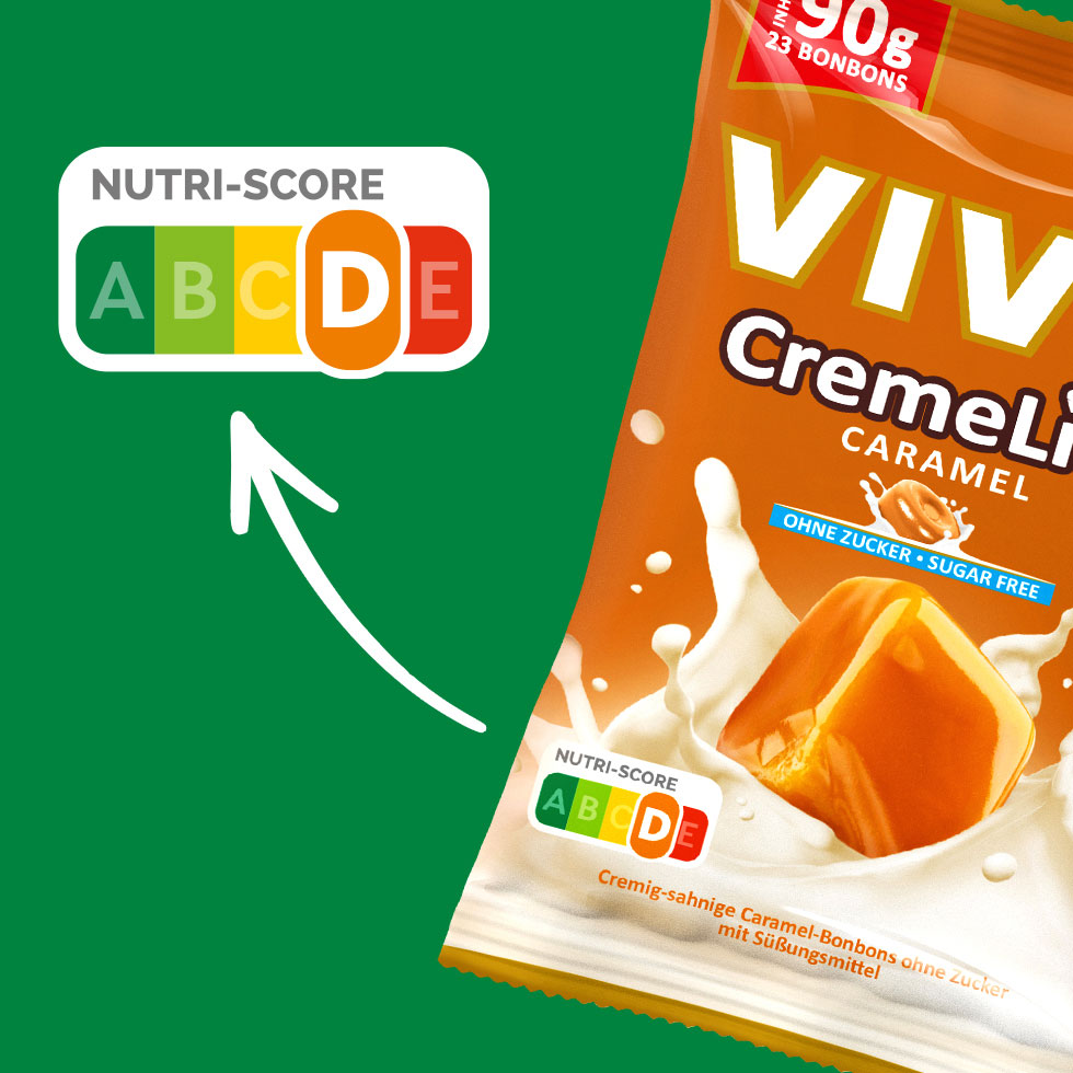 VIVIL Creme Life Caramel Bonbonverpackung mit Nutriscoreangabe