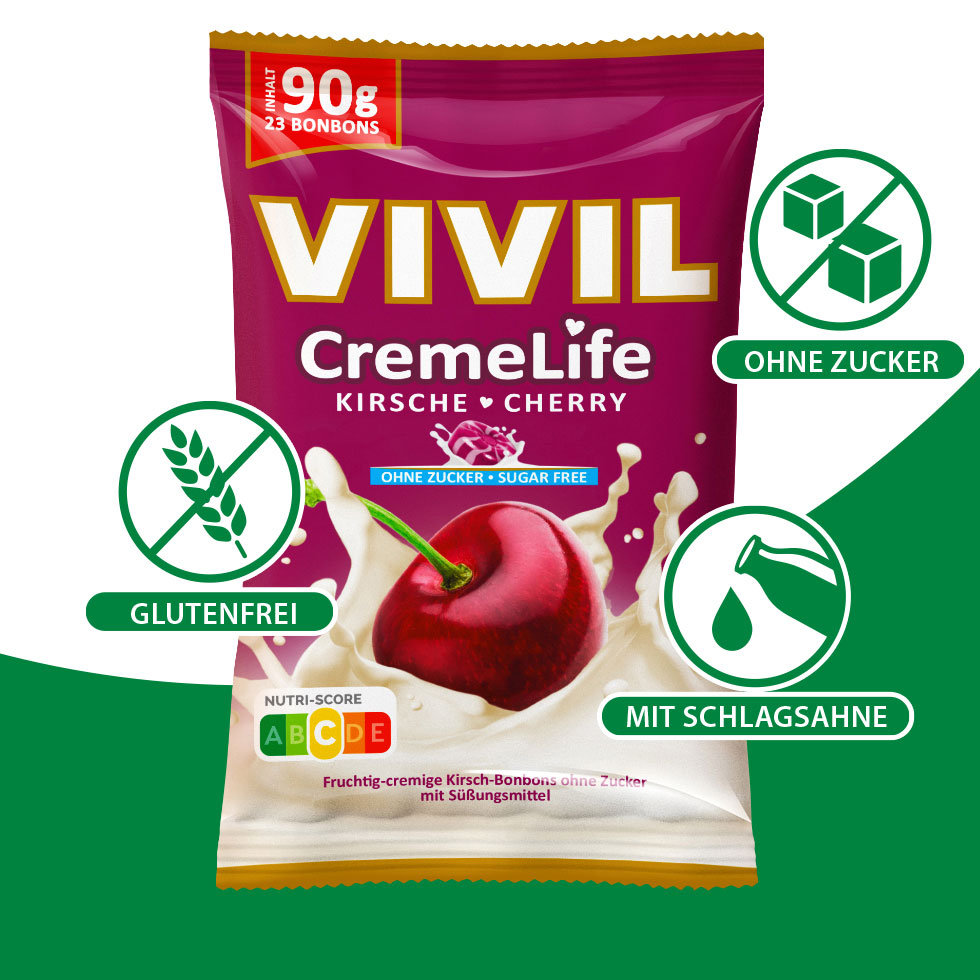 VIVIL Creme Life Kirsche Bonbonverpackung mit Benefits