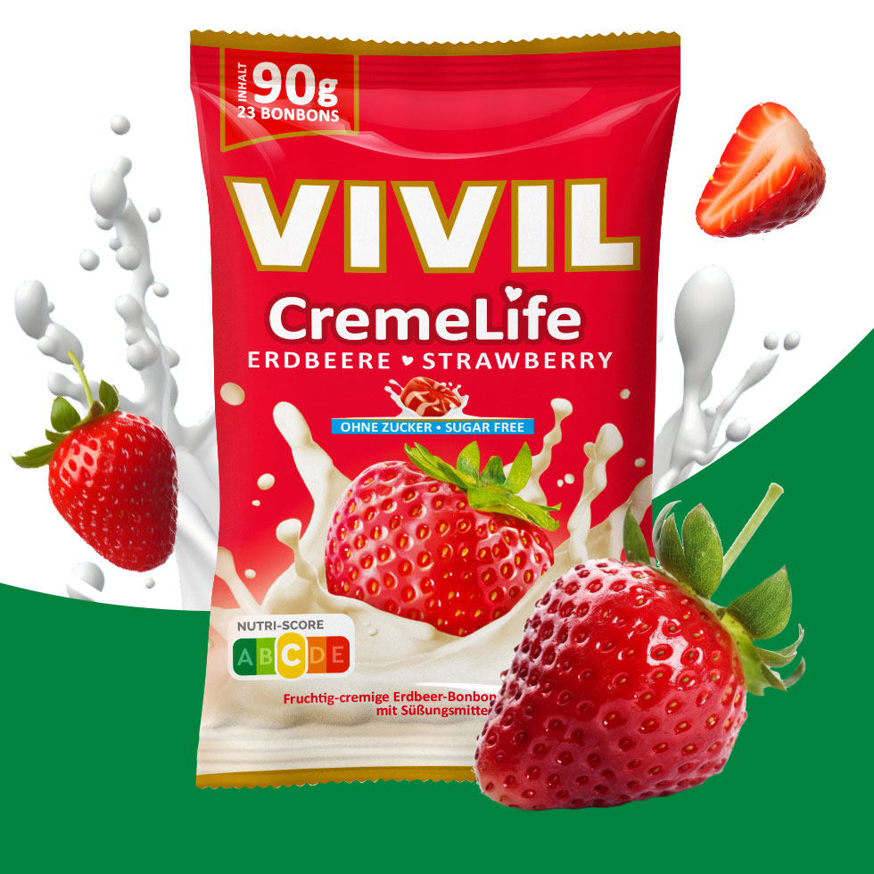 VIVIL Creme Life Erdbeere Bonbonverpackung mit Composing