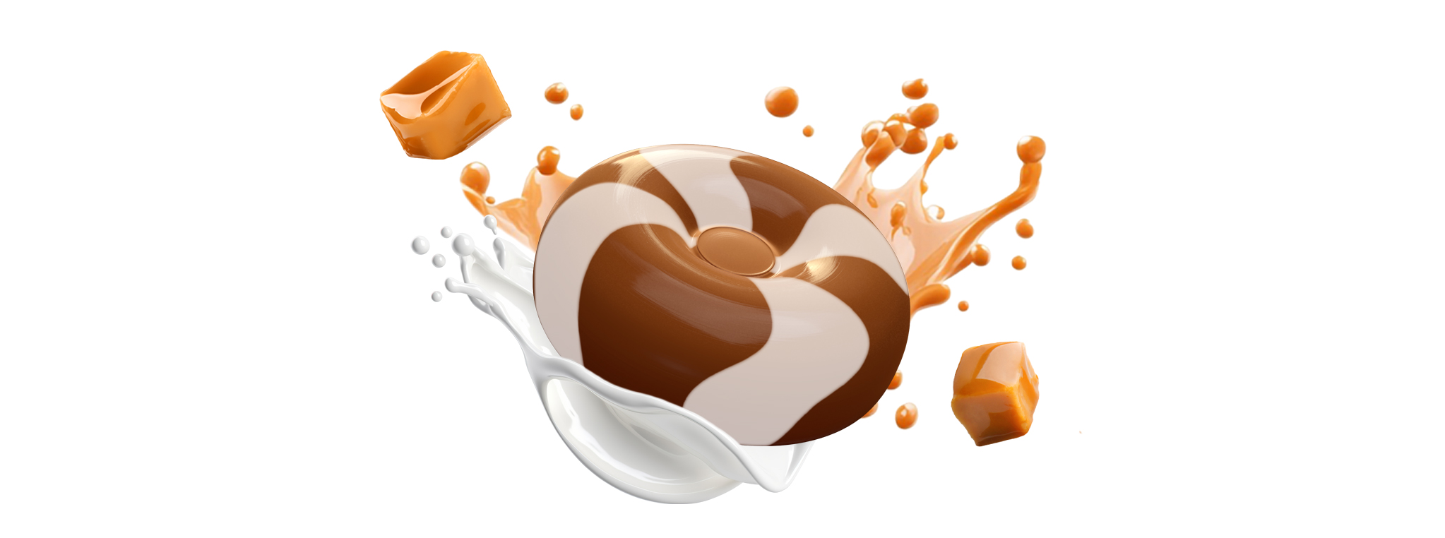 braun-weiß gestreiftes, rundes Sahnebonbon mit Karamellstücken und Milchsplash