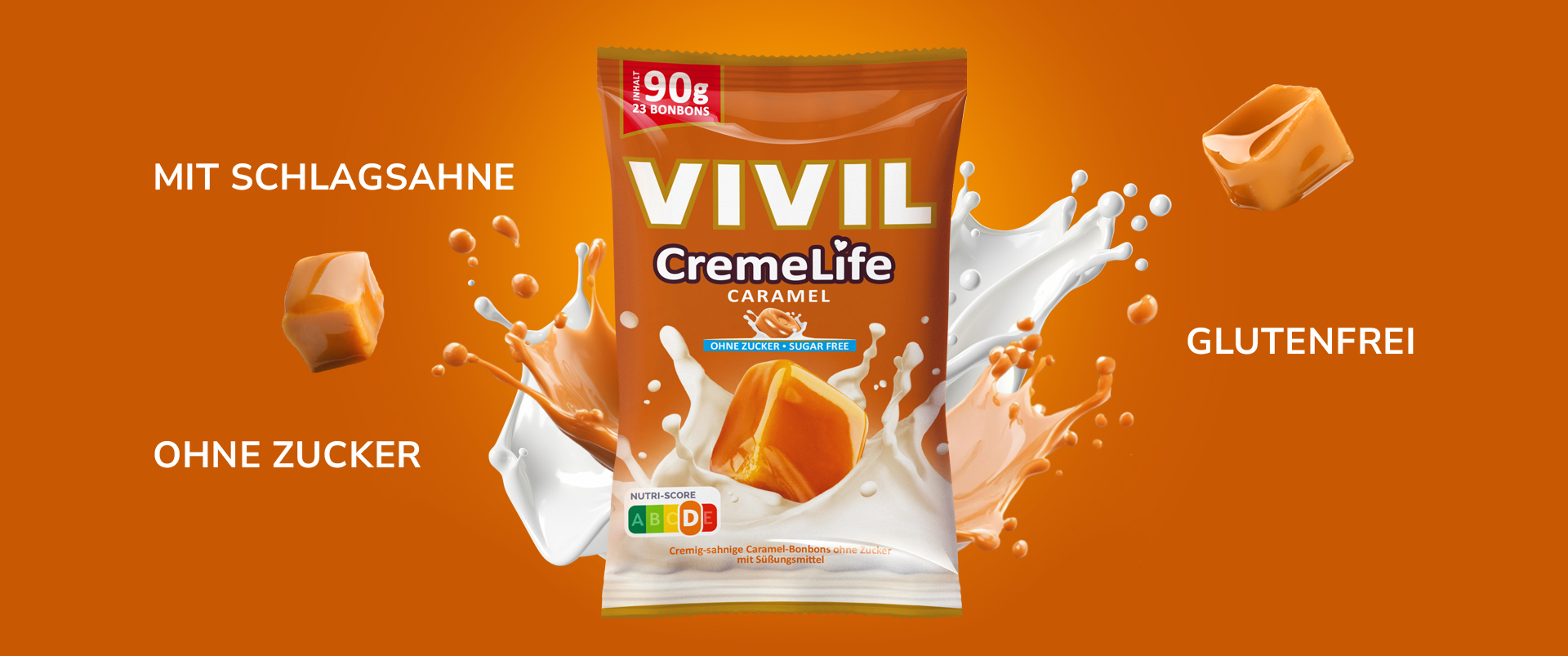 Produktinszenierung Creme Life Caramel mit Milchsplash und Auslobung der Produktbenefits