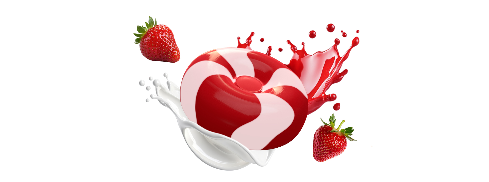 rot-weiß gestreiftes, rundes Sahnebonbon mit Erdbeeren und Milchsplash