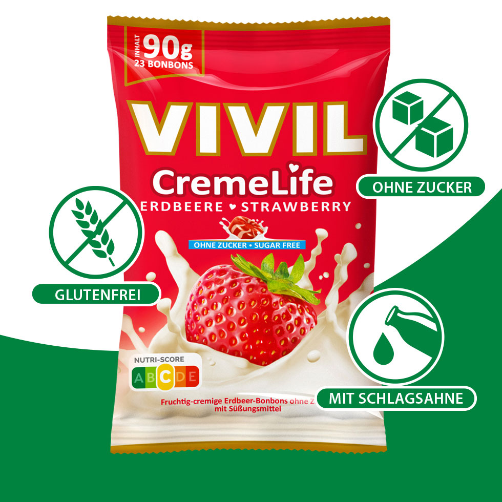 VIVIL Creme Life Erdbeere Bonbonverpackung mit Benefits