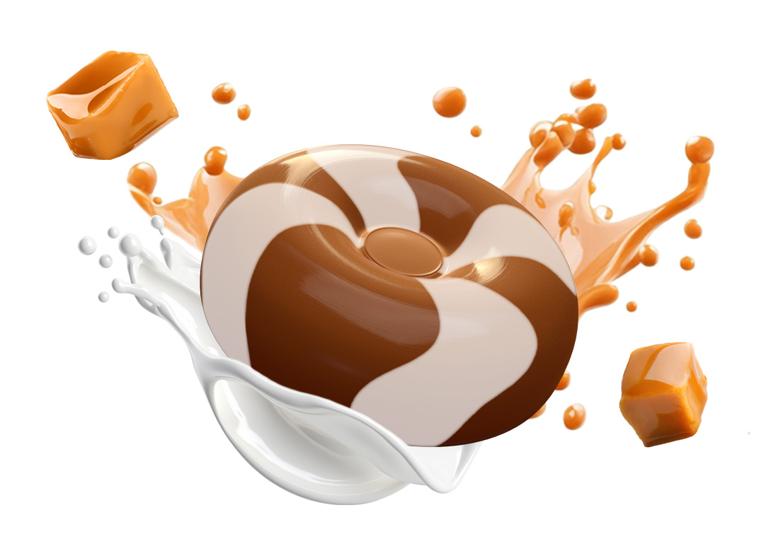 braun-weiß gestreiftes, rundes Sahnebonbon mit Karamellstücken und Milchsplash