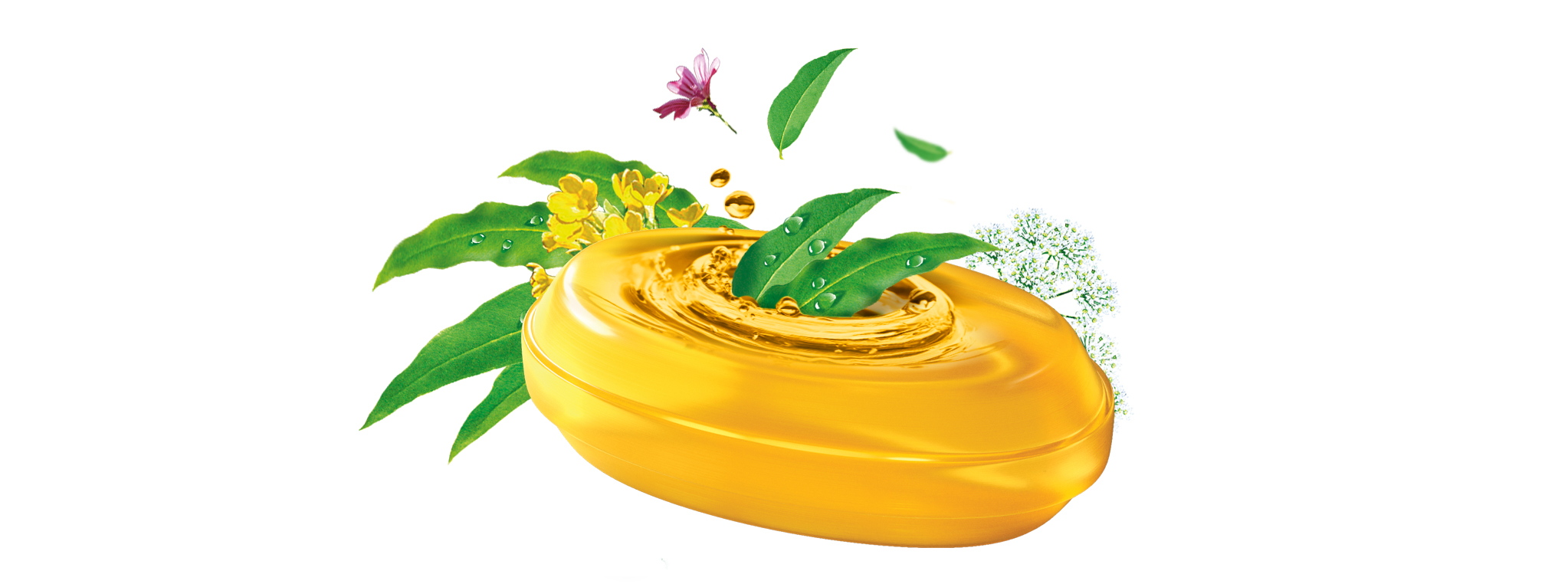 ein gelbes Bonbon mit Kräutern drumherum