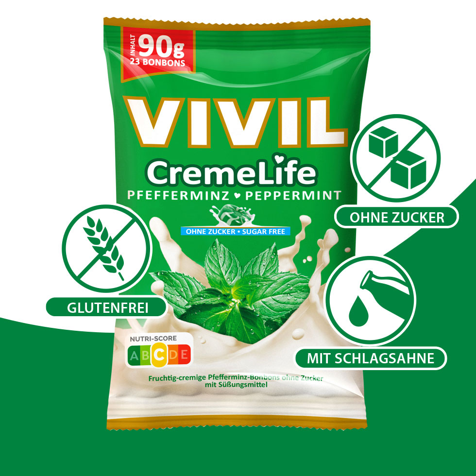VIVIL Creme Life Pfefferminz Bonbonverpackung mit Benefits